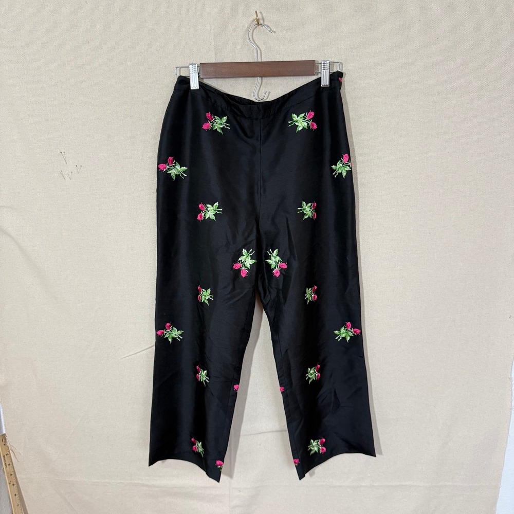 Vision Apparel Womens Black 100% Silk Rose Embroidered Wide Leg Pants Size 6